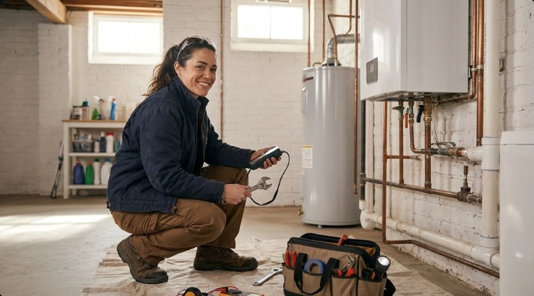 Plumber using digital manometer meter to test black iron gas piping connections and pressure integrity