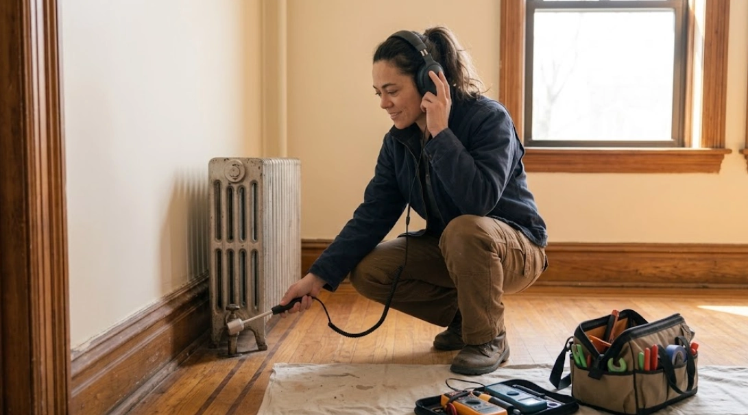 Plumbing technician utilizing acoustic listening equipment for non-invasive hidden water leak detection along baseboard