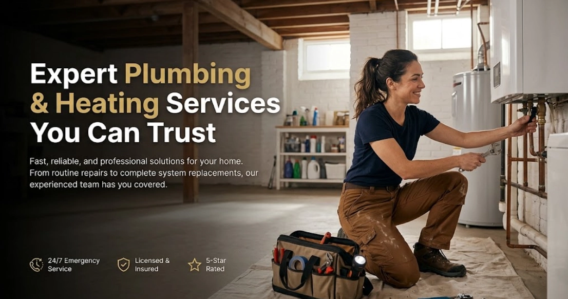 Heating technician servicing boiler valves, circulators, and mechanical piping in a basement utility room